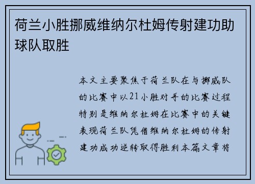 荷兰小胜挪威维纳尔杜姆传射建功助球队取胜