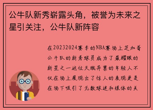 公牛队新秀崭露头角，被誉为未来之星引关注，公牛队新阵容