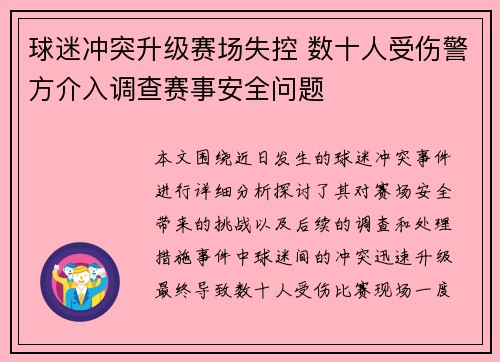 球迷冲突升级赛场失控 数十人受伤警方介入调查赛事安全问题