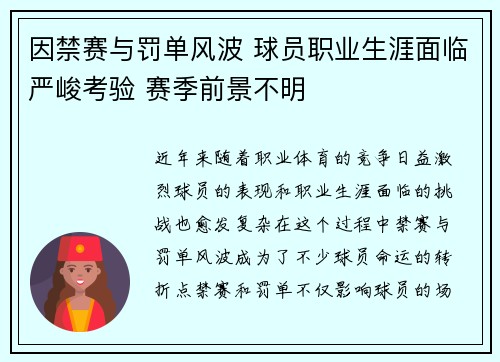 因禁赛与罚单风波 球员职业生涯面临严峻考验 赛季前景不明
