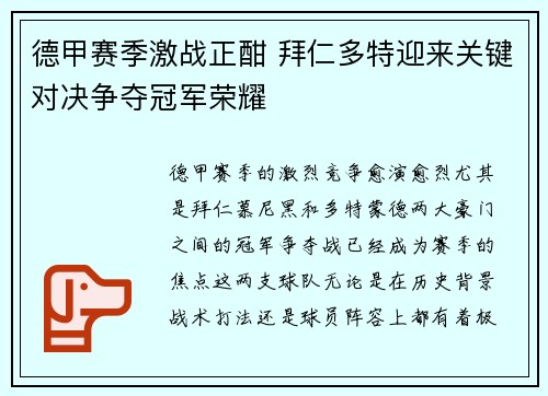 德甲赛季激战正酣 拜仁多特迎来关键对决争夺冠军荣耀